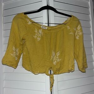 rebels Mustard Yellow Embroidered Cropped Tie-Front Top